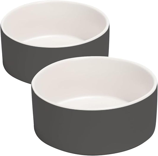 SPUNKYJUNKY 28.7OZ Ceramic Dog and Cat Bowl, Modern Cute Weighted Food Water Bowl for Replacement White-Grey (2 Pack)