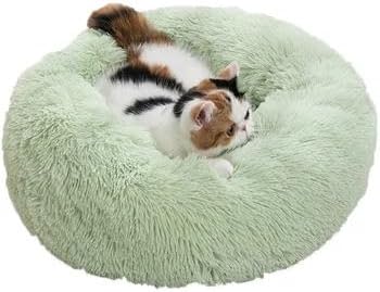 Cat Bed & Washable 20/24 inches - Anti Anxiety Round Fluffy Plush Faux Fur Dog Bed for Small Medium Dogs, Thick Bottom (Green, Medium)