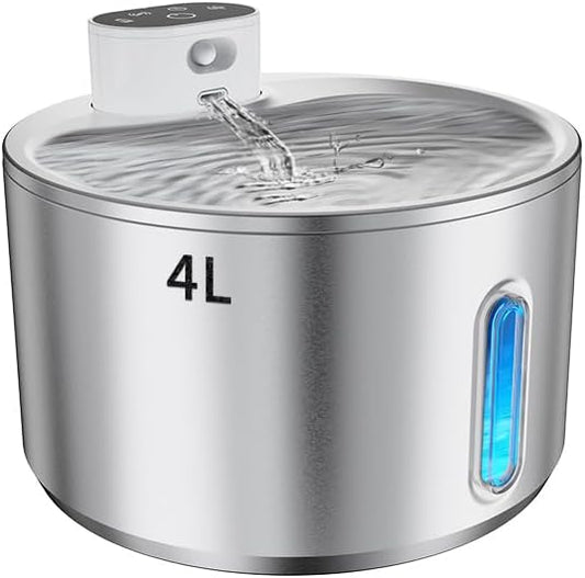 Cat Water Fountain,135oz/4L Large-Capacity Automatic Wireless Pet Water Fountain, Food-Grade Stainless Steel,Intelligent Water Sensing,2 Replaceable Filter Core, Multi-Pet Households