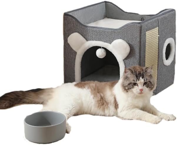 Cat Beds for Indoor Cats, Large Cat House Foldable Cat Cave with Scratch Pad and Hanging Fluffy Ball, Reversible Cushion Hideaway for Pet Cats, 16.5x16.5x13.2 inches, Multi Small Pet (Dark Grey, L)