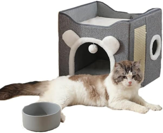 Cat Beds for Indoor Cats, Large Cat House Foldable Cat Cave with Scratch Pad and Hanging Fluffy Ball, Reversible Cushion Hideaway for Pet Cats, 16.5x16.5x13.2 inches, Multi Small Pet (Dark Grey, L)
