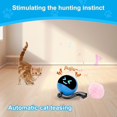 Interactive Cat Toy Ball for Bored Indoor Adult Cats,Rechargeable Automatic Moving Mouse Chase Toy with Colourful LED Light,Smart Remot Control Cat Toy Rolling Ball Speed Moving Tail Blue