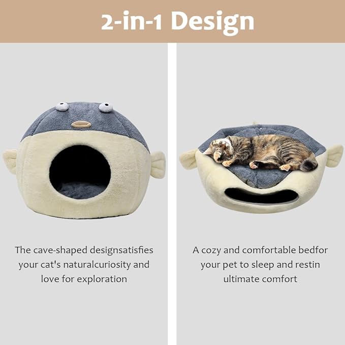 Cat Beds for Indoor Cats - Cute Animal-Shaped Cat Cave Bed for Larger Cat&2 Cats,Super Soft Calming Cat Tent for Kitten&Puppy,Small Dog,Warm Plush&Machine Washable&Removable Cotton Pad (Gray XL)