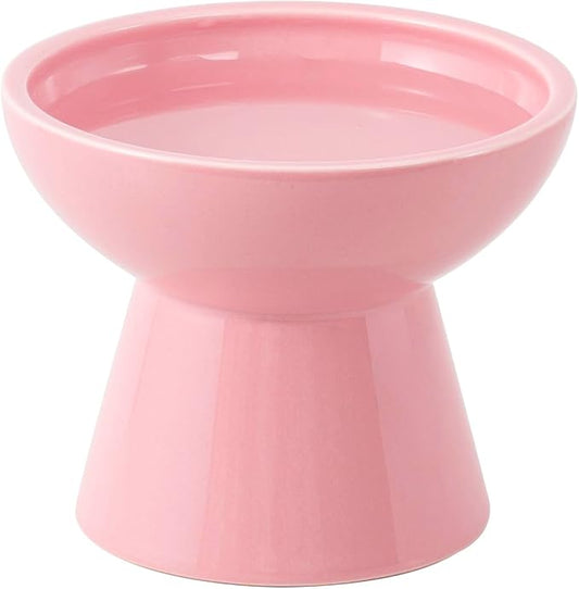 Extra Wide Elevated Ceramic Cat Water Bowl - 6.2" Deeper Dish for Whisker Fatigue Relief, 5" Height for Easy Feeding, Lead & Cadmium Free, Durable Raised Cat Bowls, Pink