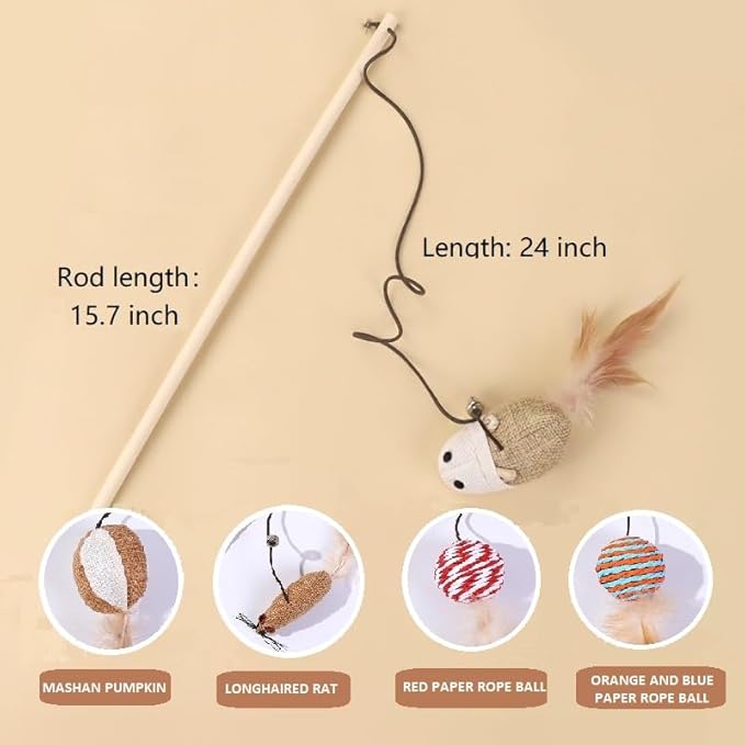 Cat Teaser Wand Toys with Feathers and Bells, Interactive Mouse and Bell Design,Interactive Toys 5-Piece Set for All Breed Sizes