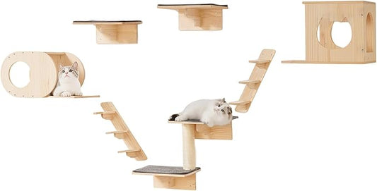VEVOR Wall Mounted Cat Shelves, Perches with Jumping Boards,Hammocks & Cat Tree, Cat Furniture and Shelves up to 40 lbs for Sleeping, Playing, Climbing, Set of 7