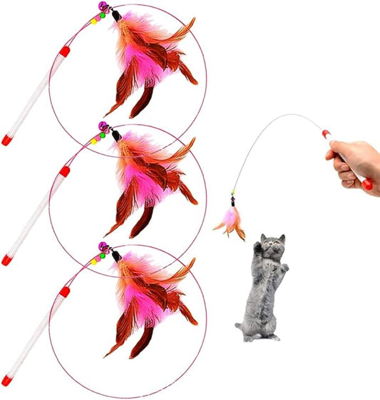 MAIYU Cat Feather Wand Toy - 3 Pack Steel Wire Feather Interactive Cat Stick Training - Beads Bells Kitten Wand Toys Pet Teaser