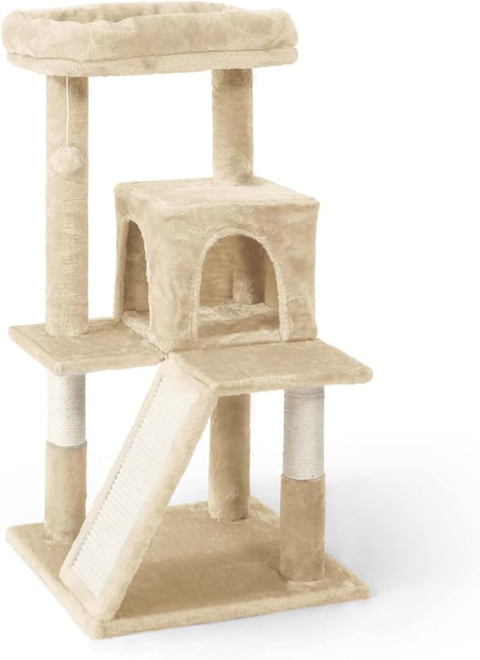 CAPHAUS Cat Tower for Indoor Cats, Modern Cute 37-Inch Small Cat Tree with Widened Perch for Large Cats Kittens, Multi-Level Cat Activity Tree with Scratching Posts and Ramp, 2-Door Cat Cave Condo