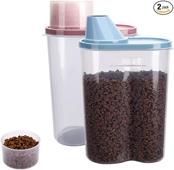 GreenJoy 2 Pack 2lb/2.5L Pet Food Storage Container with Measuring Cup, Can Covers and Bowl for Small Dog, Cat, Waterproof-BPA Free (Blue and Pink)