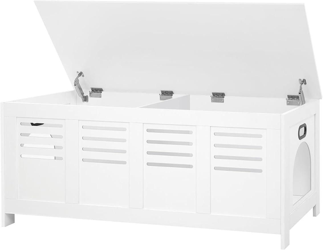 DINZI LVJ Litter Box Enclosure Furniture for 2 Cats, Top Opening Hidden Litter Box with Double Rooms, Dual Cat House with Good Ventilation, 47.2" Wooden Cat Washroom, White