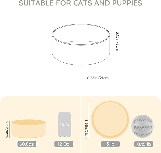 SPUNKYJUNKY 60 OZ Ceramic Dog and Cat Bowl, Modern Cute Weighted Food Water Bowl for Replacement Beige (1 Pack)