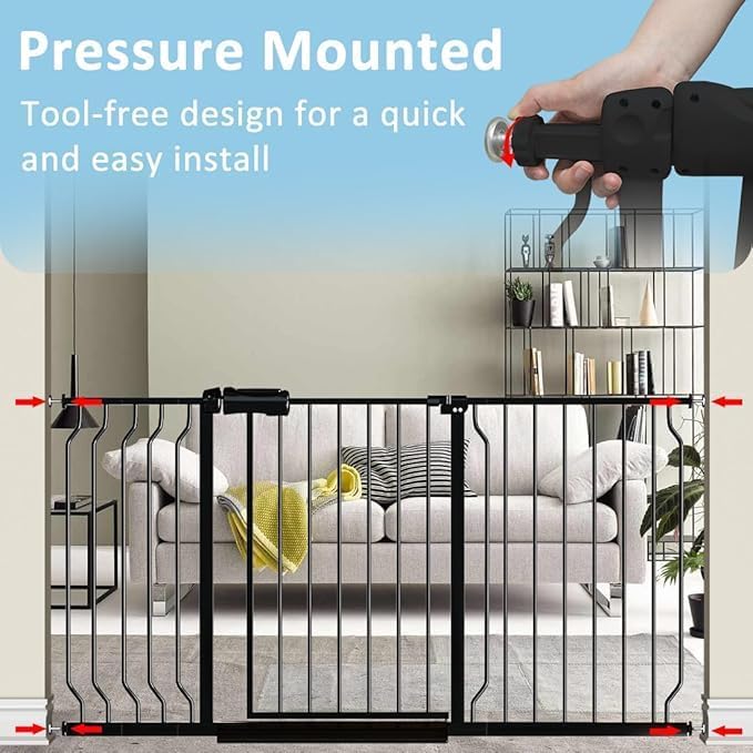 TSAYAWA Walk Through Baby Gate with Door, 52.76~62.2 Inch Wide Presure Mounted No Drill Metal Auto Close Child Gate for Stair Doorway - Indoor Outdoor Safty Gate for Toddler Dog Doggie, Black