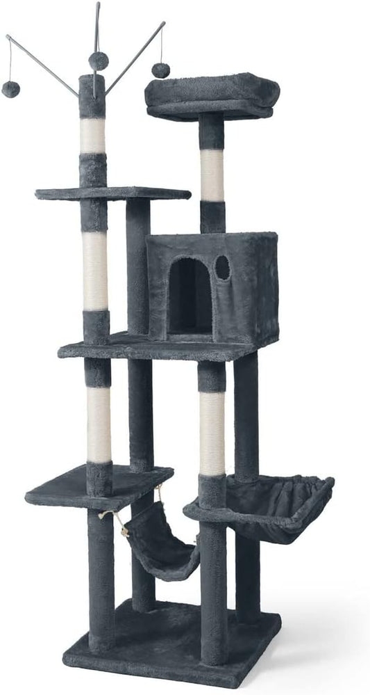 CAPHAUS Tall Cat Tree for Indoor Cats, Modern Cute 70-Inch Climbing Play Tower with Top Perch Large Cats Kittens, Multi-Level Activity w Scratching Posts, Hammock, Cave Condo, Smoky Grey