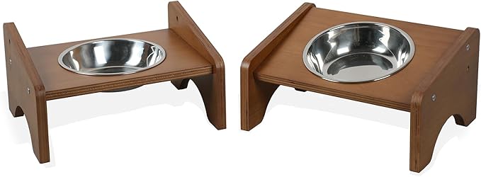 Elevated Stainless Steel Raised Food and Water Bowls, 15 Tilted Anti Vomiting, Dishwasher Safe, Non-Slip, Suitable for Cats and Puppies (Brown) - 2 Pack