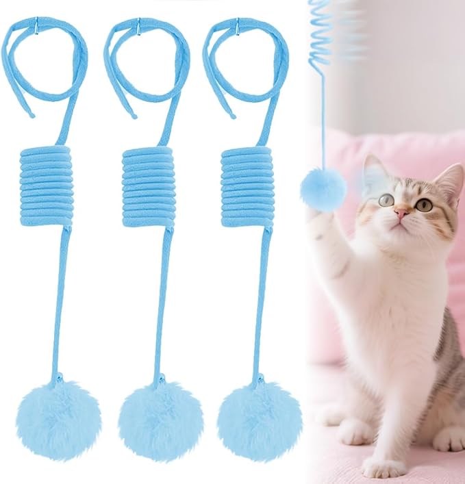 Hanging Fluffy Cat Catnip Ball Toys,2025 New Interactive Cat Toy for Indoor,Kitten Play Chase Exercise Toys,Long Tail Stretchable Soft Plush Teaser Ball with Bell (Blue)