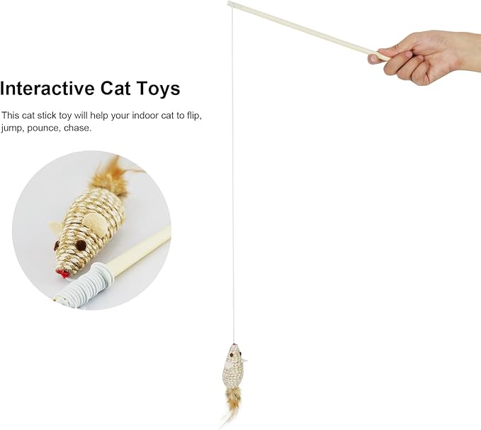 TTcat Cat Wand Toy for Indoor Cats, Natural Wood Cat Wand Toy with Feather Mice Toy,Interactive Cat Toy Kitten Toy for Indoor Cats to Play Chase Exercis