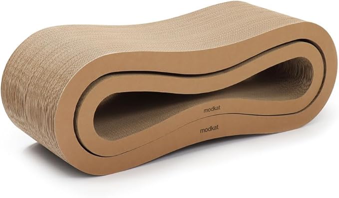 Modkat® Premium 2 Cat Scratcher Set. Large (30L X 10.6H in.) and Small (26.6L X 7H in.) Sizes. Scratch, Play Lounge. High-Grade Cardboard, 100% Recyclable, Reversible.