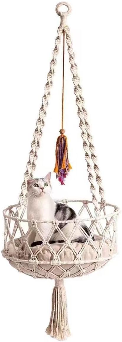 Macrame Hanging Cat Hammock Bed Handwoven Hanging Boho Cat Bed with Hanging Kit for Indoor Outdoor Home Decor Boho Cats Perch Bed for Sleeping Playing Climbing and Lounging for Cats Up to 11 lbs 02