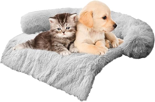 Calming Dogs/Cats Bed Mats, Dog Pad Washable Removable Couch Cover, Plush Long Fur Mat for Pets, Waterproof Lining, Perfect for Small, Medium and Large Dogs and Cats (Light Gray, 34"x30")