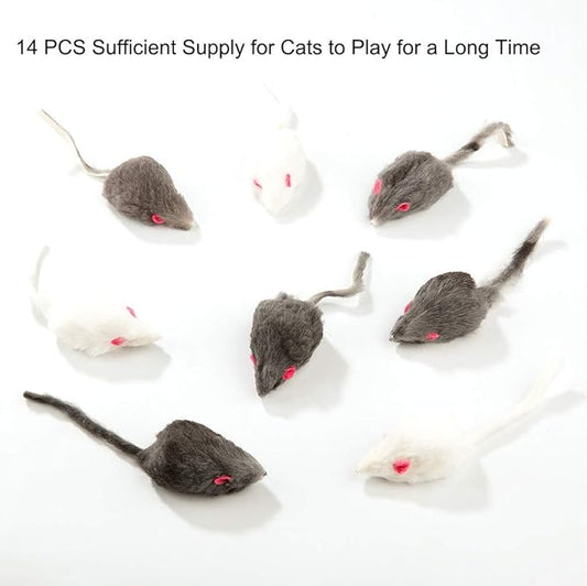 Yangbaga Mice Rattle 14 Pack, Cat Toys Rainbow Mice for Cats and Kittens (14 pcs BLK&WHT)
