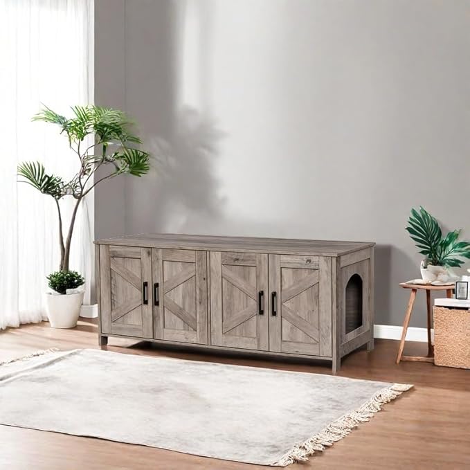 Homhedy Cat Litter Box Enclosure for 2 Cats, Litter Box Furniture Hidden with Double Room,Wooden Cat Washroom Furniture,Cat House,47.2”L x 19.7”W x 19.7”H,Greige