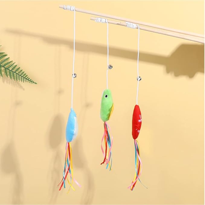 IUHKBH Cat Wand, 3 PCS Interactive Kitten Toys Wooden Handle Kitten Teaser Toys with Cute Fish Tail Sturdy Cat Sticks