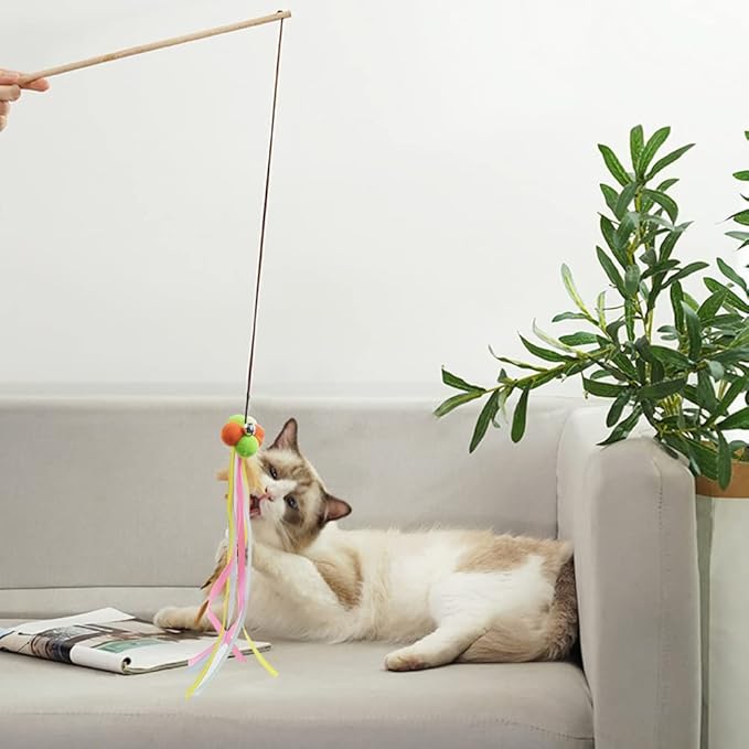 IUHKBH Cat Wand, 3 PCS Interactive Kitten Toys Wooden Handle Kitten Teaser Toys with Bell, Ribbon and Pom Poms Sturdy Cat Sticks