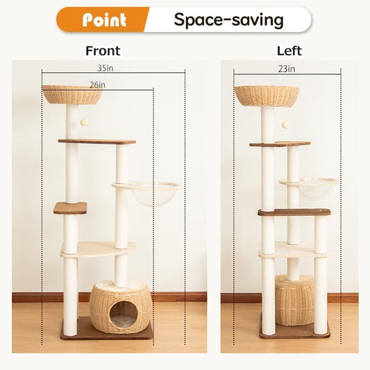 Wooden Cat Tower for Large Cats, 63’‘ Modern Multi-Level Condo with Natural Wood, Indoor Cat Furniture for Medium and Big Pets (White 81007DD)