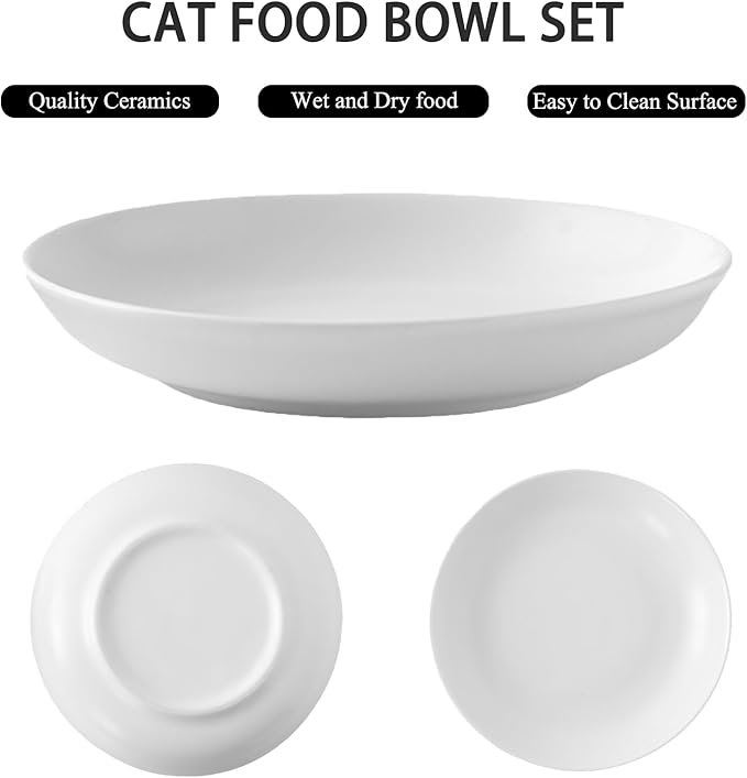 Ceramic Cat Food Bowl Set - 4 Pack Healthy Wide Shallow Cat Dishes Cat Plates for Food and Water, Anti Whisker Fatigue Cat Feeding Bowls for Pet Puppy Kittens, Dishwasher Microwave Safe, 5.8 In, White