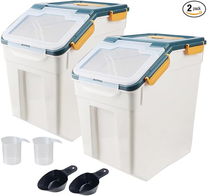 AnRui Rice Storage Container 50LB, Airtight Flour Storage Containers, Plastic Cereal Grain Dispenser Organizer Pet Food Storage Bin with Lid, Measuring Cup, Scoop, Blue, 2Pcs,Total Capacity:100LB