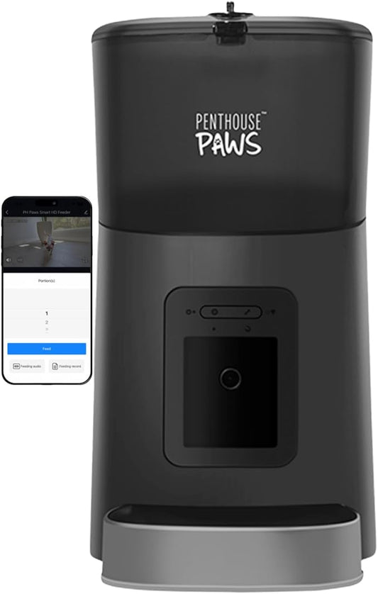Smart HD Cat Feeder, 2 Way Audio + Voice Recording, Automatic Feeder for Dog with 1080p Night Vision Camera, WiFi App Controlled, Battery Backup, Anti Jam 6L Upto 15 Daily Meals, Black Stainless