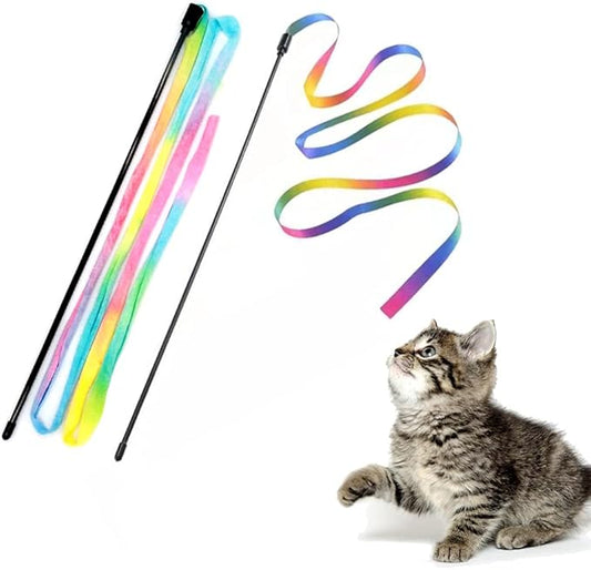 LASOCUHOO Interactive Cat Rainbow Wand Toys, Interactive Cat Teaser Wand String, Colorful Ribbon Charmer for Most Cats and Kittens - 2 Packs