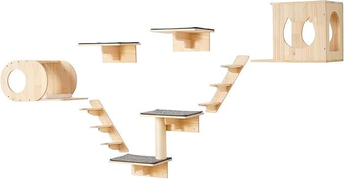 VEVOR Wall Mounted Cat Shelves, Perches with Jumping Boards,Hammocks & Cat Tree, Cat Furniture and Shelves up to 40 lbs for Sleeping, Playing, Climbing, Set of 7