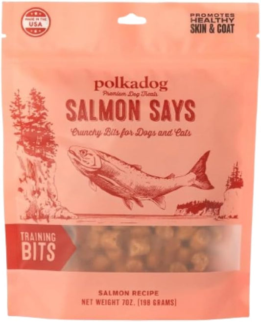 Polkadog Salmon Says Training Bits - Omega-3 Rich, Low Fat Healthy Dog Treat - Digestible, Vitamin & Mineral Packed Dog Snacks - Crunchy 3-Ingredient Treat, Ideal for Dogs with Allergies - 7oz