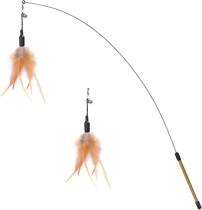 Pawaboo Feather Teaser Cat Toy - Interactive Wand with Extra Long 34.5" Wand and Small Bell, Fun Exerciser Playing Toy for Kittens or Cats, Brown Feather