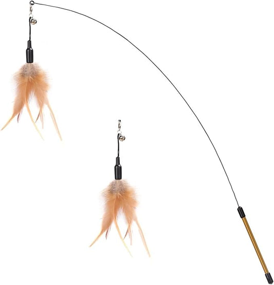 Pawaboo Feather Teaser Cat Toy - Interactive Wand with Extra Long 34.5" Wand and Small Bell, Fun Exerciser Playing Toy for Kittens or Cats, Brown Feather