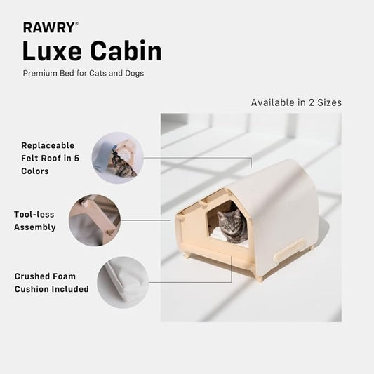 RAWRY Cat House – Covered Indoor Pet Bed with Cushion & Scratcher | Wood Cat Scratcher House for Cats, Kittens, Small Dogs