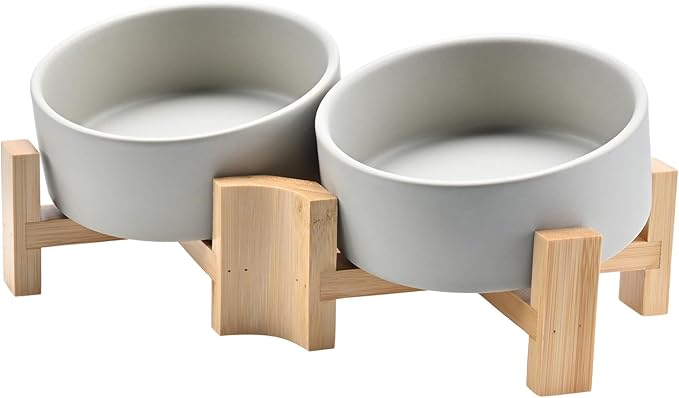 SPUNKYJUNKY 15° Slanted Ceramic Dog and Cat Bowl with Wooden Stand, Tilted Bulldog Food and Water Bowl No Slip Non-Spill for Cats Medium Dogs Big Face Pets 13.5 OZ (1.7 Cups, Grey × 2)