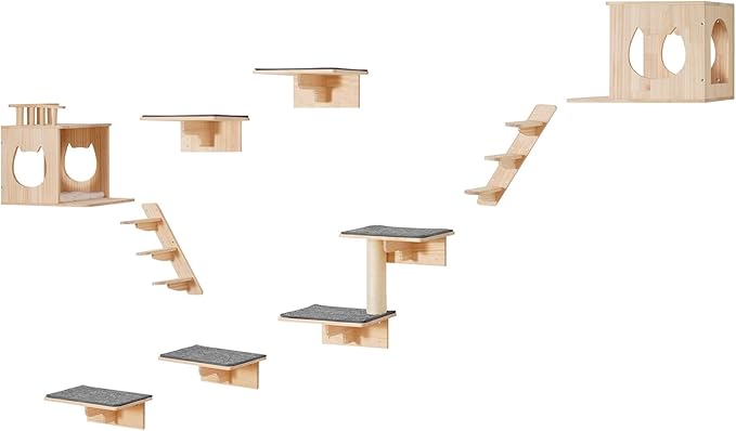 VEVOR Wall Mounted Cat Shelves, Perches with Jumping Boards,Hammocks & Cat Tree, Cat Furniture and Shelves up to 40 lbs for Sleeping, Playing, Climbing, Set of 9
