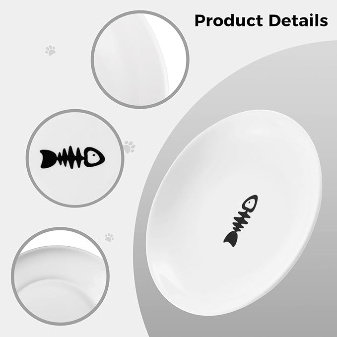 10 Pcs Wide & Shallow Cat Plates for Whisker Fatigue Relief, 15cm/6'' Ceramic Feeding Dishes With Cute Fish Bone Design, Wet & Dry Food Bowls for Kittens, Cats, Puppies