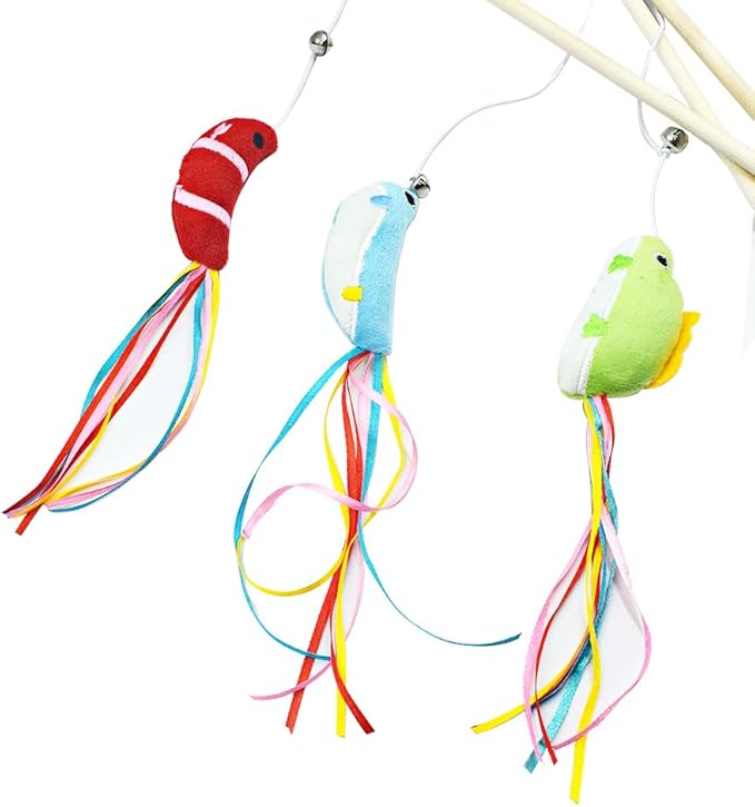 IUHKBH Cat Wand, 3 PCS Interactive Kitten Toys Wooden Handle Kitten Teaser Toys with Cute Fish Tail Sturdy Cat Sticks