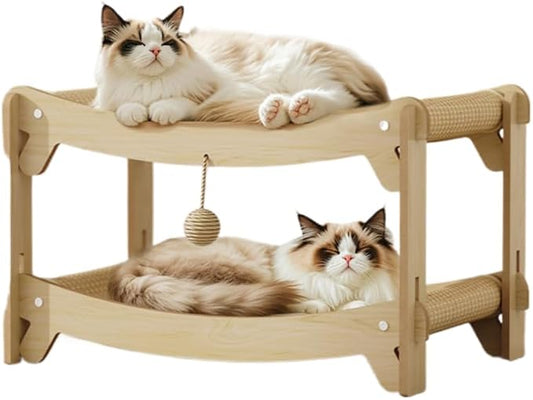 Multi-Level Sisal Cat Scratcher Bed | 2 & 3-Tier Wooden Cat Tower with Sisal Scratching Surface | Wood Pet Furniture (Medium)