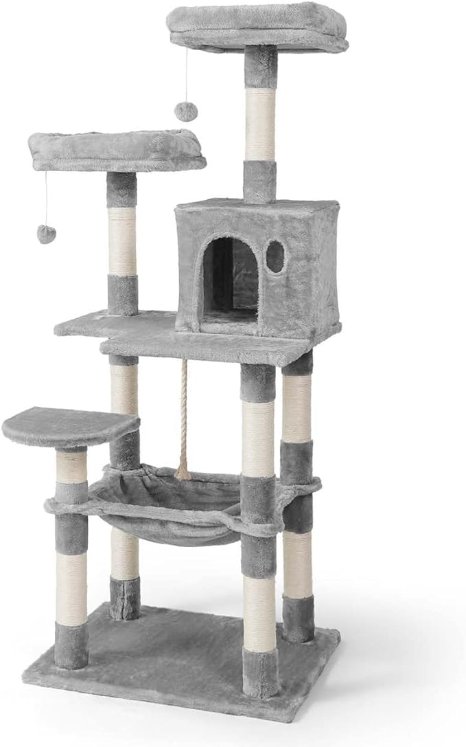 CAPHAUS Tall Cat Tree for Indoor Cats, Modern Cute 58-Inch Cat Climbing Play Tower with Top Perch for Large Cats Kittens, Multi-Level Cat Activity Tree w Scratching Posts, Hammock, Cat Cave Condo