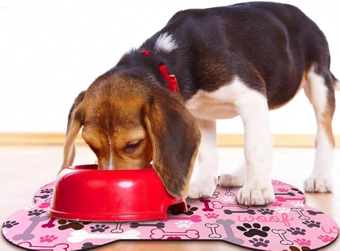 Dog Food Mats for Floors Waterproof, Pet Feeding Absorbent Water Bowl Mat Cat Placemats Pink Bone Shape 19 * 12 inch