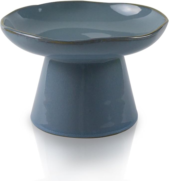 Extra Wide 6.1" Ceramic Raised Cat Food Bowl, Shallow Elevated Pet Feeder for Food Feeding, Anti Vomiting Whisker Fatigue Bowls for Cat Puppy, Blue