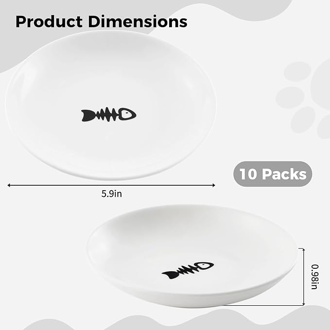 10 Pcs Wide & Shallow Cat Plates for Whisker Fatigue Relief, 15cm/6'' Ceramic Feeding Dishes With Cute Fish Bone Design, Wet & Dry Food Bowls for Kittens, Cats, Puppies