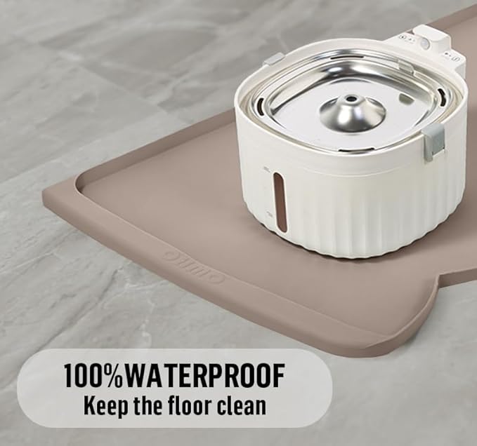 OHMO Dog Food Mat(Beige, 24 * 15'') w/Residue Collection Pocket Silicone Pet Feeding Mat for Floor High Edges Anti Spills Waterproof Cat Water Bowl Tray, Easy Clean Placemat