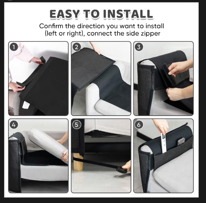 NATUYA Cat Scratch Couch Protector, Sisal Furniture Protector Cats Scratching Pad, Anti-Cat Scratch Sofa Armrest Couch Protective Shield with Pocket (Black, Fit Left or Right)