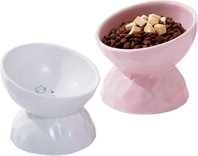 OMAYKEY Ceramic Raised Bowls, Tilted Elevated Food and Water Bowls, Porcelain Stress Free Feeder Bowl Set, Pet Bowl Dish for Cats and Small Dogs, White & Pink, Set of 2