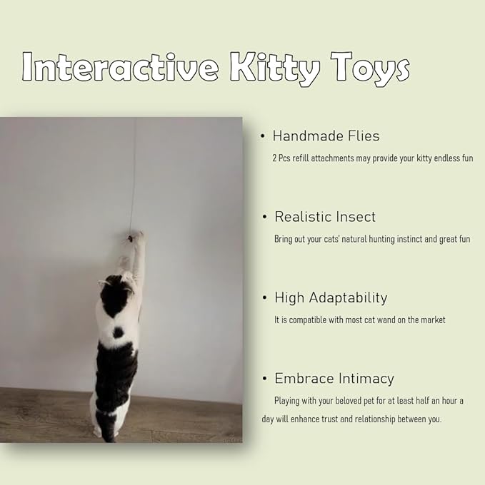 Cat Insect Feather Toys Replacement - 2 Pcs Handmade Natural Flies - Cat Toy Wand Refills - Interactive Kitten Teaser Wand Attachments - Cat Toys for Indoor Cats Play